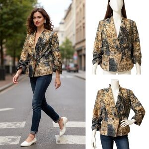 Bianca Nygard Abstract Print Ruched 3/4 Sleeve Blazer 8P